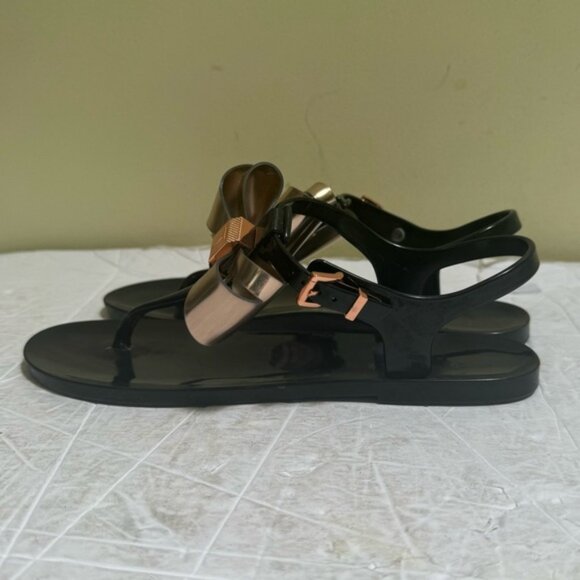 Ted Baker Ainda Rose Gold Bow Ankle TStrap Thong Jelly Bow Sandals Flats Black - Picture 5 of 16